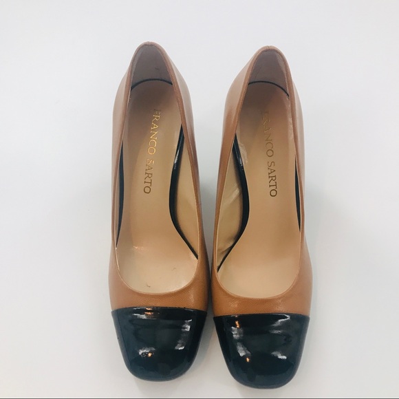 Franco Sarto Fynn Tan Leather Black Patent Toe Color-block 3” Heel - Picture 5 of 6